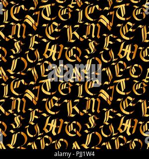 Old golden gothic letters on black, fashion calligraphy seamless pattern Stock Vector