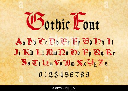 Red and black gothic font, set of medieval letters and numbers on old paper Stock Vector