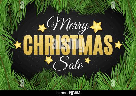 Merry Christmas. Inscription from the golden glitters. Christmas tree. Christmas sale. Great discounts. Luxury gold stars. Vector illustration. EPS 10 Stock Vector