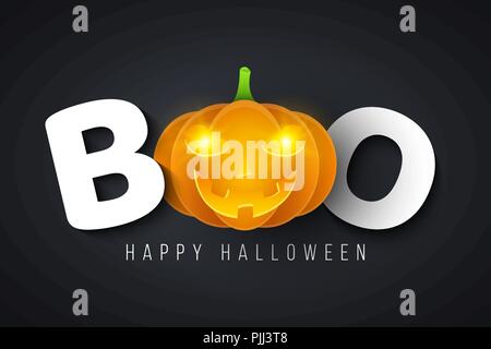 Message for Halloween boo. Festive poster. Glowing yellow eyes. Happy holiday. Cartoon pumpkin with angry smile. Cover for your design. Vector illustr Stock Vector