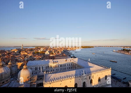 Aerial view of Venice, castello district and lagoon at sunset in Italy Stock Photo