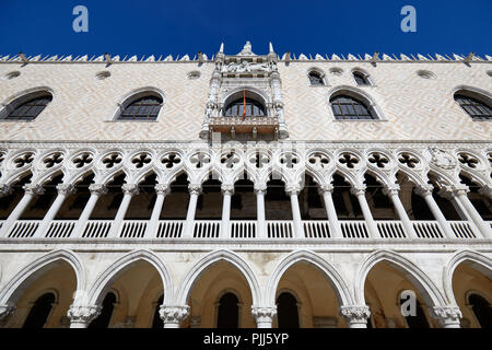 Doge Palace building facade in Venice, low angle view in a sunny summer day in Italy Stock Photo