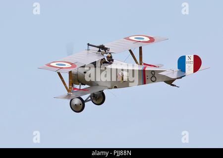 Nieuport 17 N1977 G-BWMJ (Replica) flying at Old Warden Military Pageant Airshow on the 1st July 2018 Stock Photo