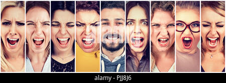 Multiethnic group of frustrated, desperate, stressed angry women and a happy smiling beard man. Positive thinking ina relationship concept Stock Photo