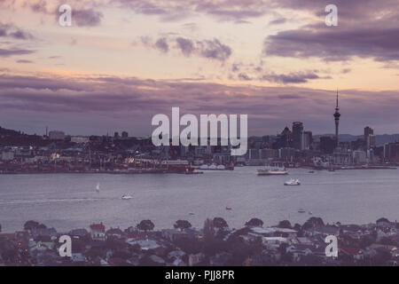 Auckland city skyline and Hauraki Gulf scenic view from Mount Victoria at Devonport, New Zealand Stock Photo