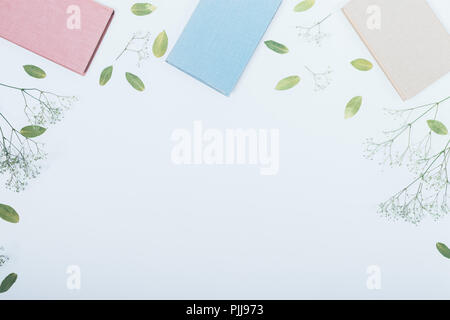Flat lay desktop composition of pastel shades with copy space. Floral arrangement of three different colored books and twigs of gypsophila and dry lea Stock Photo