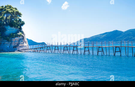 Wooden bridge on the small island of Cameo in Greece Stock Photo