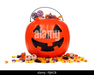 Black Halloween Jack o Lantern candy collector with scattered candy over a white background Stock Photo