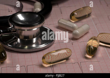 Cardiology heart chart with stethoscope and pills up close. Heart health medical concept. EKG or ECG heart monitor medical exam. Stock Photo