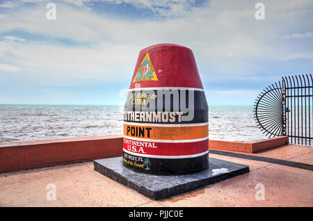 Key West, Florida, USA - September 1, 2018: Southernmost Point monument in Key West, Florida. For editorial use. Stock Photo