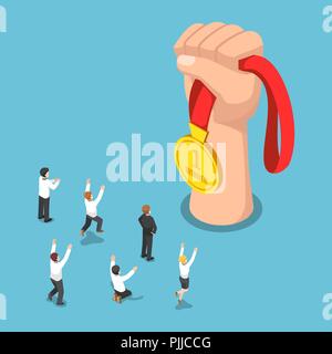 Flat 3d isometric business people celebrating in front of big hand and golden medal. Business success concept. Stock Vector