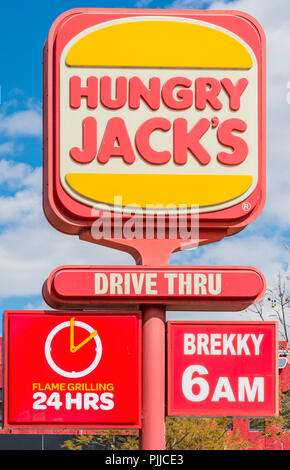 Hungry Jack's sign of the fast food outlet in Australia Stock Photo