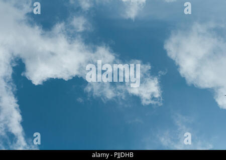 white fluffy clouds float across the blue sky Stock Photo