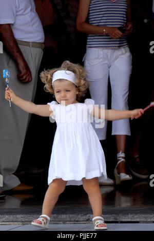 La familia real española encabezada por el Rey D. Juan Carlos I y Doña Sofia en el Club de Nautico de Palma donde comienza la XXVI Regata Copa del Rey de Vela. En este primer dia brillo la infanta Leonor acompañada de sus padres el Principe Felipe y la Princesa de Asturias, Dña. Letiiza Stock Photo