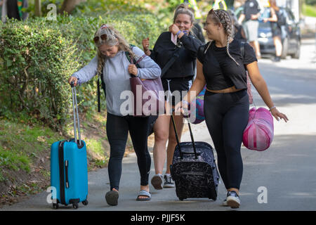 Portmeirion, North Wales 7th September 2018: Festival No. 6 is multi-award-winning music, arts and culture festival that all takes place in the beautiful fairy tale setting of Portmeirion, North Wales, home of the cult TV show The Prisoner. Festival goers arriving for Festival Number 6 at Portmeirion, North Wales Stock Photo