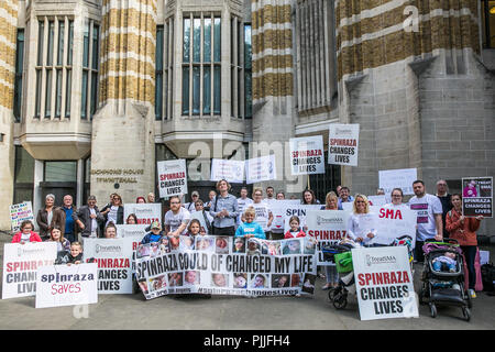 London, UK. 7th September, 2018. Families living with life-threatening spinal muscular atrophy (SMA) and campaigners from TreatSMA protest outside the former Department of Health building against Government health policies following the decision by the National Institute of Health and Care Excellence (NICE) not to fund the drug nusinersen through the National Health Service. The families called on Health Secretary Matt Hancock MP to come to meet them. Credit: Mark Kerrison/Alamy Live News Stock Photo