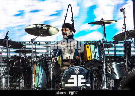 Milan, Italy, 6th September 2018: Imagine Dragons perform on stage at Milano Rocks in Italy, at Area Experience in Milan, for their Evolve World Tour 2018 - Valeria Portinari/Alamy Live News Stock Photo