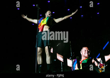 Milan, Italy, 6th September 2018: Imagine Dragons perform on stage at Milano Rocks in Italy, at Area Experience in Milan, for their Evolve World Tour 2018 - Valeria Portinari/Alamy Live News Stock Photo