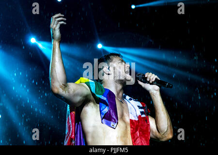 Milan, Italy, 6th September 2018: Imagine Dragons perform on stage at Milano Rocks in Italy, at Area Experience in Milan, for their Evolve World Tour 2018 - Valeria Portinari/Alamy Live News Stock Photo