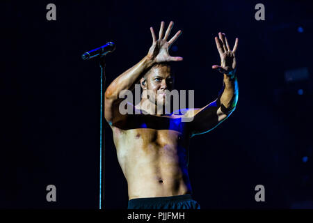 Milan, Italy, 6th September 2018: Imagine Dragons perform on stage at Milano Rocks in Italy, at Area Experience in Milan, for their Evolve World Tour 2018 - Valeria Portinari/Alamy Live News Stock Photo