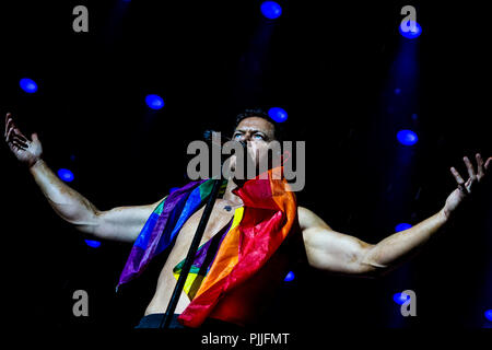 Milan, Italy, 6th September 2018: Imagine Dragons perform on stage at Milano Rocks in Italy, at Area Experience in Milan, for their Evolve World Tour 2018 - Valeria Portinari/Alamy Live News Stock Photo