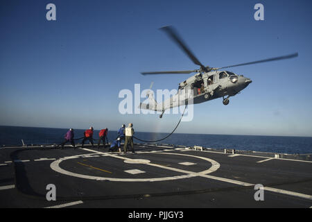 Atlantic Ocean. 7th Sep, 2018. ATLANTIC OCEAN (Aug. 29, 2018) Sailors prepare for an in-flight refueling procedure on the flight deck aboard the guided-missile cruiser USS Vella Gulf (CG 72). Vella Gulf is currently underway conducting sea trials in the Atlantic Ocean. (U.S. Navy Photo by Mass Communication Specialist 3rd Class James Norket/Released) 180829-N-OX360-068 US Navy via globallookpress.com Credit: Us Navy/Russian Look/ZUMA Wire/Alamy Live News Stock Photo