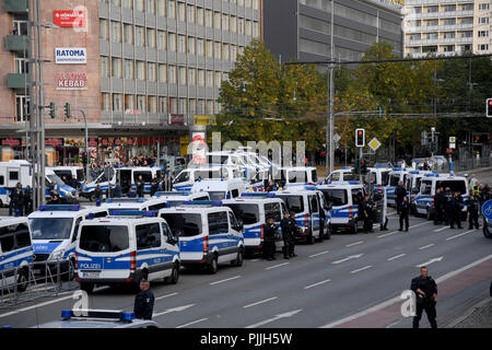 Chemnitz, Germany. 07th Sep, 2018. Demonstration of the right-wing populist alliance Pro Chemnitz: Police vehicles stand in front of the demonstration near the rally site. Credit: Hendrik Schmidt/dpa/Alamy Live News Stock Photo