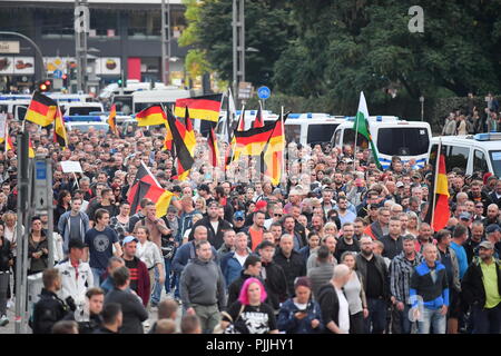 Chemnitz, Germany. 07th Sep, 2018. Demonstration of the right-wing populist alliance Pro Chemnitz: Participants waving Germany flags during the demonstration. Credit: Hendrik Schmidt/dpa/Alamy Live News Stock Photo