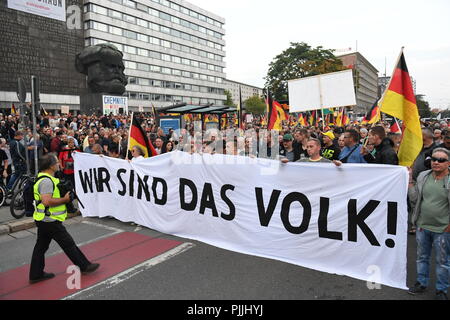 Chemnitz, Germany. 07th Sep, 2018. Demonstration of the right-wing populist alliance Pro Chemnitz: Demonstration participants hold a banner with the inscription: 'We are the people! Credit: Hendrik Schmidt/dpa/Alamy Live News Stock Photo