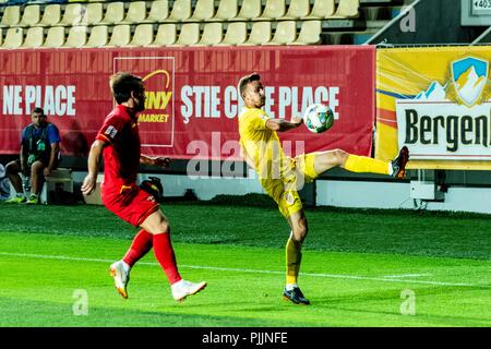 Ploiesti, Romania. 7th September 2018.  Nicusor Bancu #11 (Romania) and Filip Stojkovic #2 (Montenegro)   during the Soccer, UEFA Nations League 2019, Final Tournament, game between the national teams of Romania (ROU) and Montenegro (MNE) at Ilie Oana Stadium, Ploiesti,  Romania ROU. Foto: Catalin Soare Credit: Cronos/Alamy Live News Stock Photo