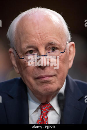 Washington, United States Of America. 07th Sep, 2018. John Dean, former Counsel to the United States President Richard M. Nixon, testifies against the nomination of Judge Brett Kavanaugh before the US Senate Judiciary Committee on his nomination as Associate Justice of the US Supreme Court to replace the retiring Justice Anthony Kennedy on Capitol Hill in Washington, DC on Friday, September 7, 2018. Credit: Ron Sachs/CNP | usage worldwide Credit: dpa/Alamy Live News Stock Photo