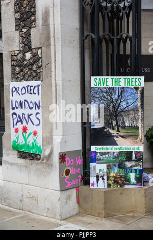 London, UK. 7th September, 2018. Signs used by the Save Victoria Tower Gardens campaign which opposes development of a significant proportion of the Grade II-listed park alongside Parliament for a UK Holocaust Memorial and accompanying security infrastructure. Some signs were painted by children who use a playground which would be adversely affected by the development. Campaigners welcome a Holocaust memorial but on a more suitable site. Credit: Mark Kerrison/Alamy Live News Stock Photo