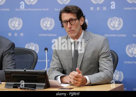 New York, USA. 7th Sept 2018. Richard Dickson, President and COO of Mattel, Inc., during a press conference on Mattel's Thomas & Friends that have teamed up with the United Nations to teach families about the Sustainable Development Goals today at the UN Headquarters in New York City. Photos: Luiz Rampelotto/EuropaNewswire | usage worldwide Credit: dpa/Alamy Live News Stock Photo