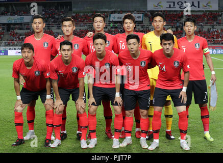 Goyang, South Korea. 7th Sep, 2018. Starting line-up players of South Korea pose for a group photo before a friendly match against Costa Rica at the Goyang Stadium in Goyang, north of Seoul, South Korea, on Sept. 7, 2018. South Korea won 2-0. Credit: Lee Sang-ho/Xinhua/Alamy Live News Stock Photo