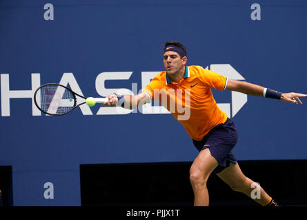 New York, USA. 7th September 2018.  US Open Tennis:  Argentina's Juan Martin del Potro returns a shot to Spain's Rafael Nadal, during their semifinal match at the US Open in Flushing Meadows, New York. Nadal retired after the second set and del Potro will face Novak Djokovic in Sunday's final. Credit: Adam Stoltman/Alamy Live News Stock Photo