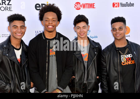 California, USA. 7th September 2018.  4th Ave - Jaden Gray, Camry Jackson, Mikey Jimenez & Marcus Pendelton - at the 2018 Stand Up To Cancer fundraiser at Barker Hangar, Santa Monica Airport.California, USA. 7th September 2018.  4th Ave at the 2018 Stand Up To Cancer fundraiser at Barker Hangar, Santa Monica Airport. Credit: Sarah Stewart/Alamy Live News Stock Photo