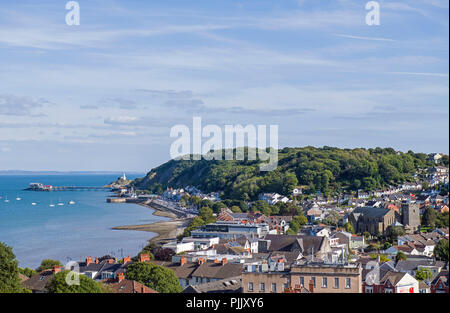 Looking down on Mumbles coastal village Swansea from nearby Oystermouth Castle in south Wales Stock Photo