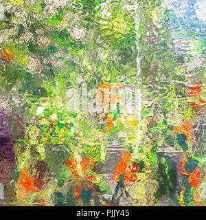 Stained glass abstract. Greenhouse vegetables reflection in window. Stock Photo