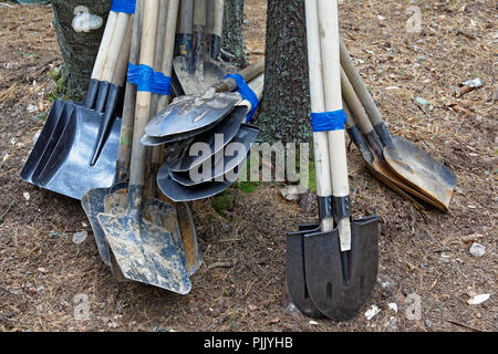 Old and new shovels tied with adhesive tape for several pieces. Prepared for transportation Stock Photo