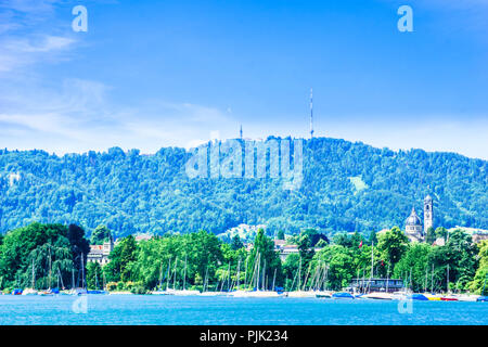 View on lake zurich and Uetli mountain in Zurich - Switzerland Stock Photo