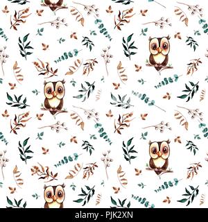 Watercolor cute hand drawn seamless pattern. Wild forest animals and leaves. Cute owl on a branch. Stock Photo