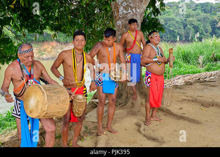 Chagres National Park, Panama - April 22, 2018: Embera native people playing authentic music Stock Photo