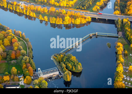 Aerial view, Ruhr confluence Volme: power station and dam Stiftsmühle with fish ladder and lock, Herdecke, Ruhr area, North Rhine-Westphalia, Germany Stock Photo