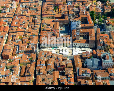 Aerial view, Piazza Delle Erbe, Piazza, Domus Mercatorum, Torre dei Lamberti, Verona city center, Verona, Northern Italy, Veneto, Italy Stock Photo