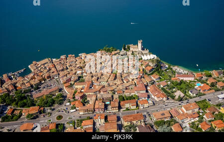 Aerial view, Castello di Malcesine, Castle of Malcesine with harbor, Old Town Malcesine, Lago di Garda, Lake Garda, Malcesine, Northern Italy, Veneto, Italy Stock Photo