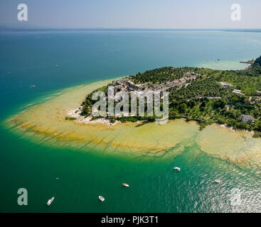 Aerial photo, Area archeologica delle Grotte di Catullo, Catullus Caves, turquoise waters, Sirmione peninsula on Lake Garda, Lago di Garda, Sirmione, Northern Italy, Lombardia, Italy Stock Photo