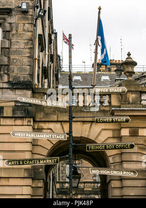 Temporary festival venue signs pointing in different directions at City Chambers, Royal Mile, Edinburgh, Scotland, UK Stock Photo