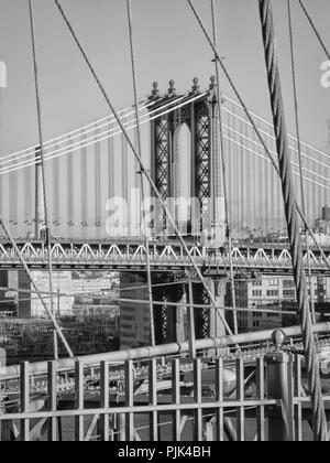 Manhattan Bridge, photographed from the Brooklyn Bridge in New York City, USA, Manhattan overlooking the Manhattan skyline, Stock Photo