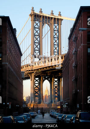 Manhattan Bridge in New York City, Manhattan, Manhattan with Manhattan Skyline, Photographed from Brooklyn, Stock Photo