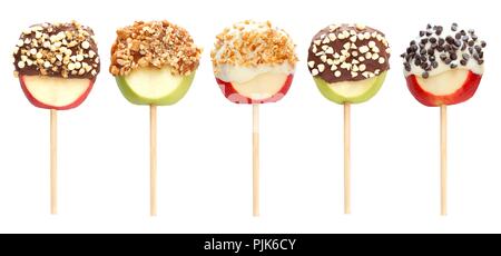 Mixed, candy dipped, apple lollipops isolated on a white background Stock Photo